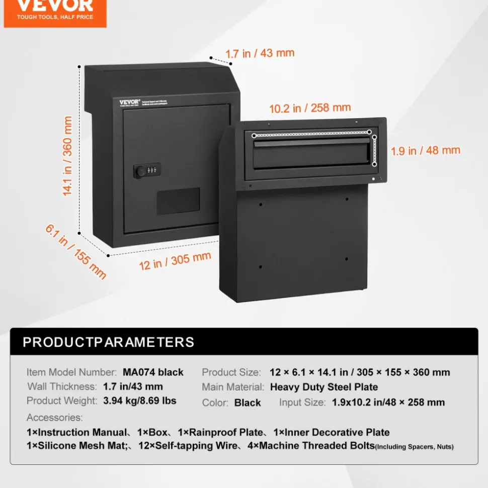 VEVOR Through The Door Key Drop Box, Heavy Duty Steel Through the Door Mailbox with 12" Combination Lock, Mail Drop Box, Black