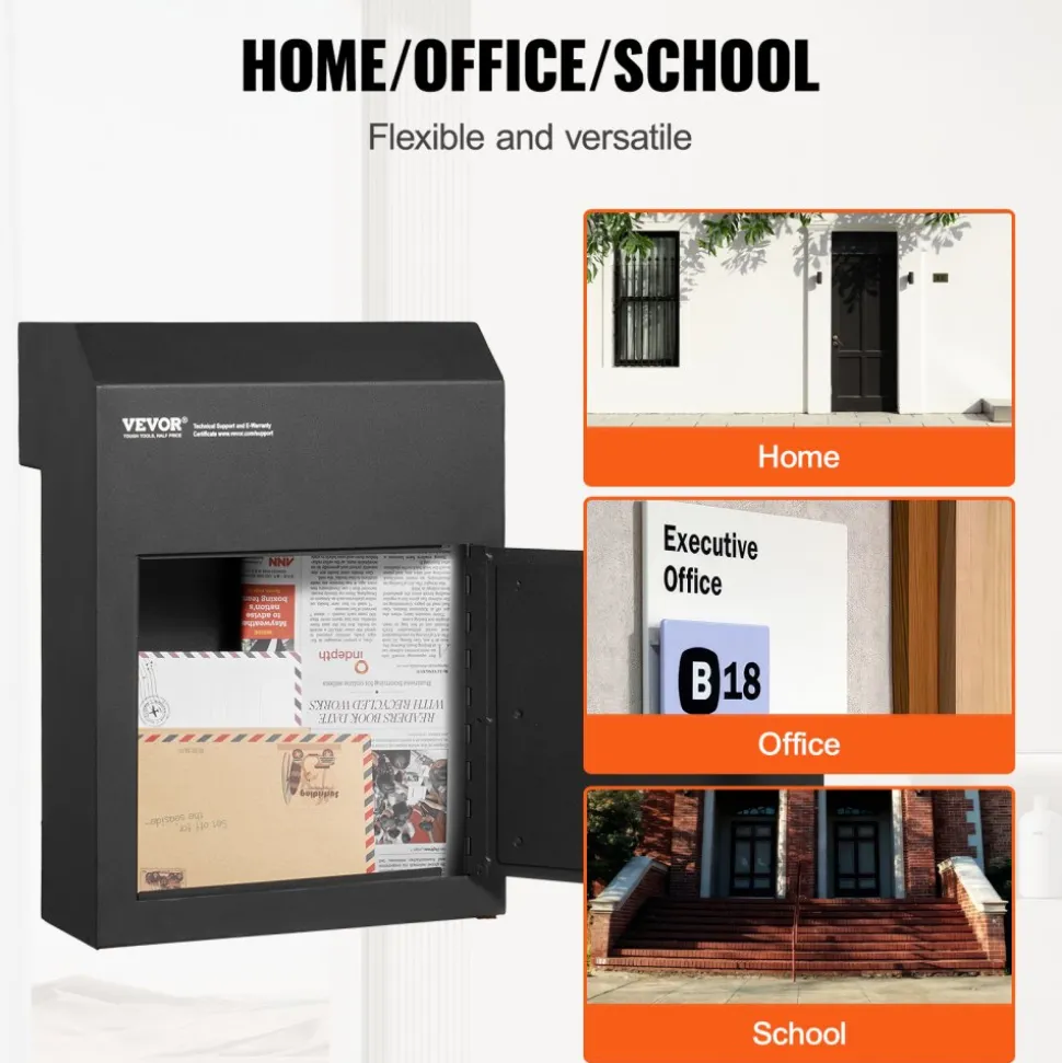 VEVOR Through The Door Key Drop Box, Heavy Duty Steel Through the Door Mailbox with 1.8" 12" Key Lock, 12x6x16" Mail Drop Box, Black