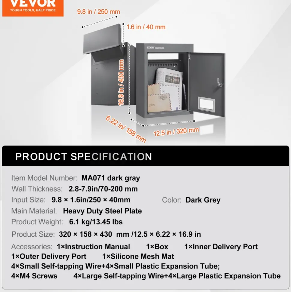 VEVOR Through The Wall Drop Box, Heavy Duty Steel Through The Wall Mailbox with 2.8-7.9" 13" Combination Lock, 12.5x6.3x16.9 Mail Drop Box, Dark Gray