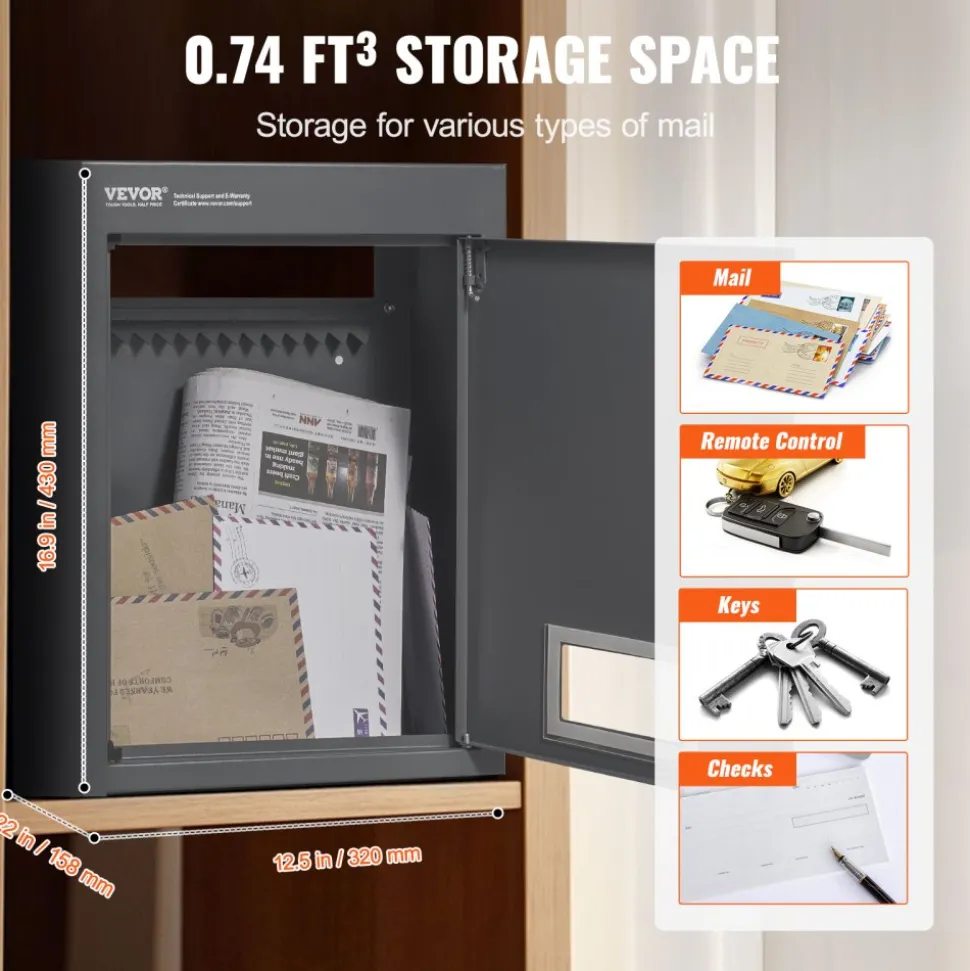 VEVOR Through The Wall Drop Box, Heavy Duty Steel Through The Wall Mailbox with 2.8-7.9" 13" Combination Lock, 12.5x6.3x16.9 Mail Drop Box, Dark Gray