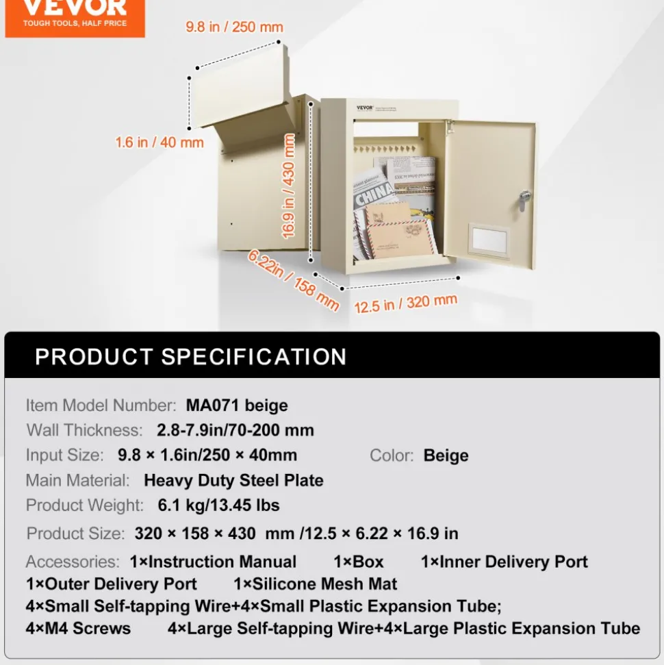 VEVOR Through The Wall Drop Box, Heavy Duty Steel Through the Wall Mailbox with 2.8-7.9" 13" Combination Lock, 12.5x6.3x16.9" Mail Drop Box, Beige