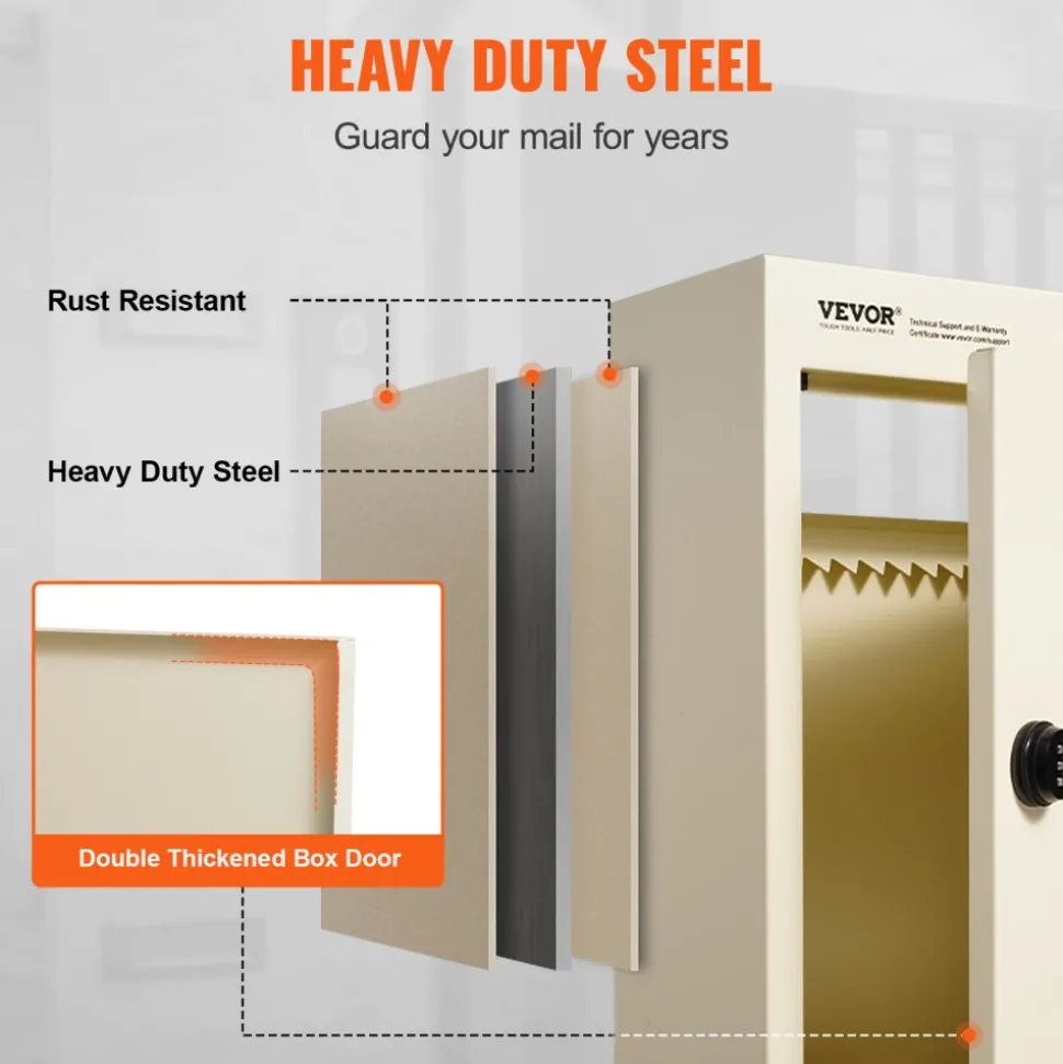VEVOR Through The Wall Drop Box, Heavy Duty Steel Through the Wall Mailbox with 2.8-7.9" 13" Combination Lock, 12.5x6.3x16.9" Mail Drop Box, Beige