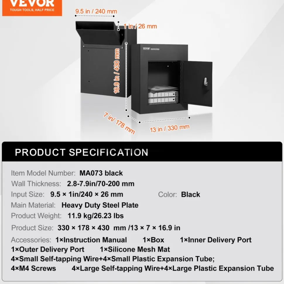 VEVOR Through The Wall Drop Box, Heavy Duty Steel Through the Wall Mailbox with 2.8-7.9" 13" Combination Lock, 13x7x17" Mail Drop Box, Black