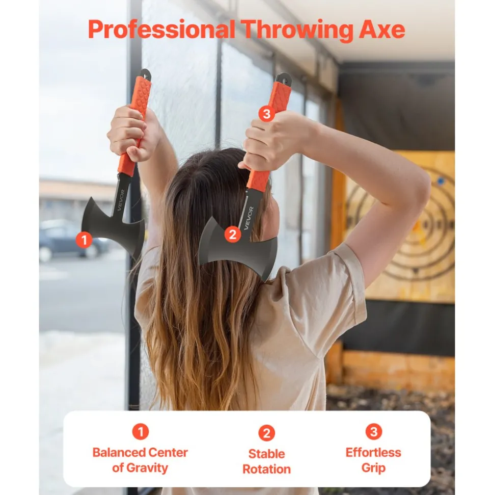 VEVOR Throwing Axes and Tomahawks, 3 Pack 11.9 inch Double Bit Axe Throwing Hatchet Set, Stainless Steel Head with Non-Slip TPR Rubber Handle, with Black Nylon Sheath, for Recreation and Competition