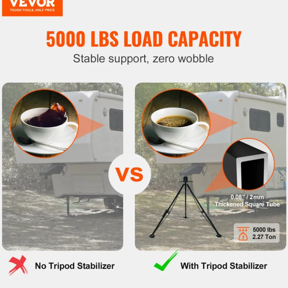 VEVOR 5th Wheel Tripod Stabilizer, 5000 LBS Load Capacity Tripod Fifth Wheel Stabilizer, 35"-57" Adjustable Height RV Gooseneck Stabilizer, Tripod Jack for Fifth-Wheel Trailers, RVs, and Campers