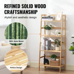 VEVOR 4-Tier Bamboo Ladder Shelf, Trapezoid Open Bookcase, Display Storage Rack Organizer, Freestanding Flower Plant Stand, Ladder Bookshelf Ideal for Bathroom, Bedroom, Office, Study, Natural