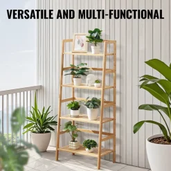 VEVOR 4-Tier Bamboo Ladder Shelf, Trapezoid Open Bookcase, Display Storage Rack Organizer, Freestanding Flower Plant Stand, Ladder Bookshelf Ideal for Bathroom, Bedroom, Office, Study, Natural