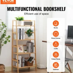 VEVOR 4-Tier Bamboo Ladder Shelf, Trapezoid Open Bookcase, Display Storage Rack Organizer, Freestanding Flower Plant Stand, Ladder Bookshelf Ideal for Bathroom, Bedroom, Office, Study, Natural