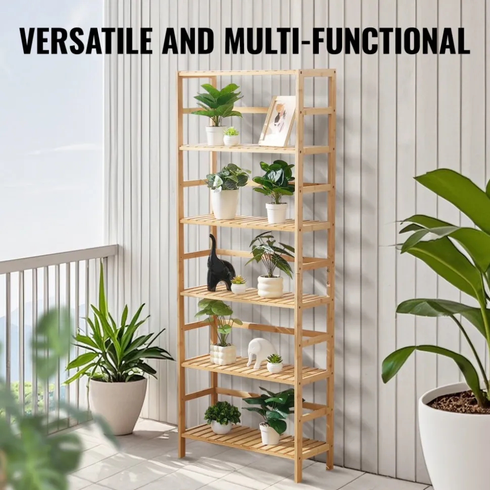VEVOR 6-Tier Bamboo Shelf, Open Wood Bookshelf, Display Storage Rack Organizer, Freestanding Flower Plant Stand, Multifunctional Bamboo Bookshelf Ideal for Bathroom, Bedroom, Office, Study, Natural