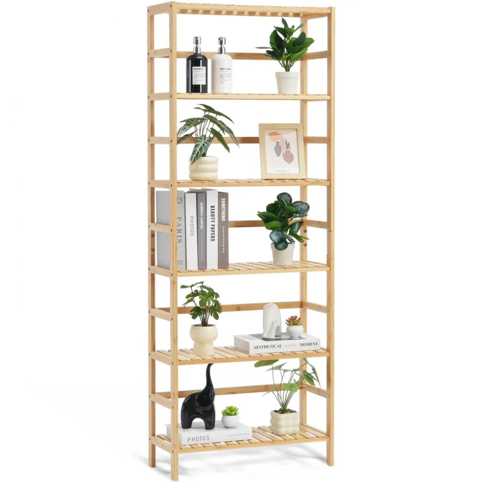 VEVOR 6-Tier Bamboo Shelf, Open Wood Bookshelf, Display Storage Rack Organizer, Freestanding Flower Plant Stand, Multifunctional Bamboo Bookshelf Ideal for Bathroom, Bedroom, Office, Study, Natural