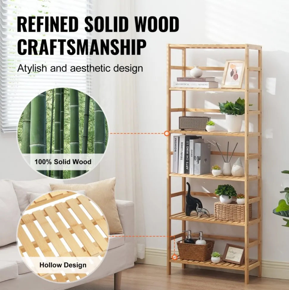 VEVOR 6-Tier Bamboo Shelf, Open Wood Bookshelf, Display Storage Rack Organizer, Freestanding Flower Plant Stand, Multifunctional Bamboo Bookshelf Ideal for Bathroom, Bedroom, Office, Study, Natural