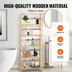VEVOR 6-Tier Bamboo Shelf, Open Wood Bookshelf, Display Storage Rack Organizer, Freestanding Flower Plant Stand, Multifunctional Bamboo Bookshelf Ideal for Bathroom, Bedroom, Office, Study, Natural