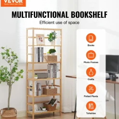 VEVOR 6-Tier Bamboo Shelf, Open Wood Bookshelf, Display Storage Rack Organizer, Freestanding Flower Plant Stand, Multifunctional Bamboo Bookshelf Ideal for Bathroom, Bedroom, Office, Study, Natural