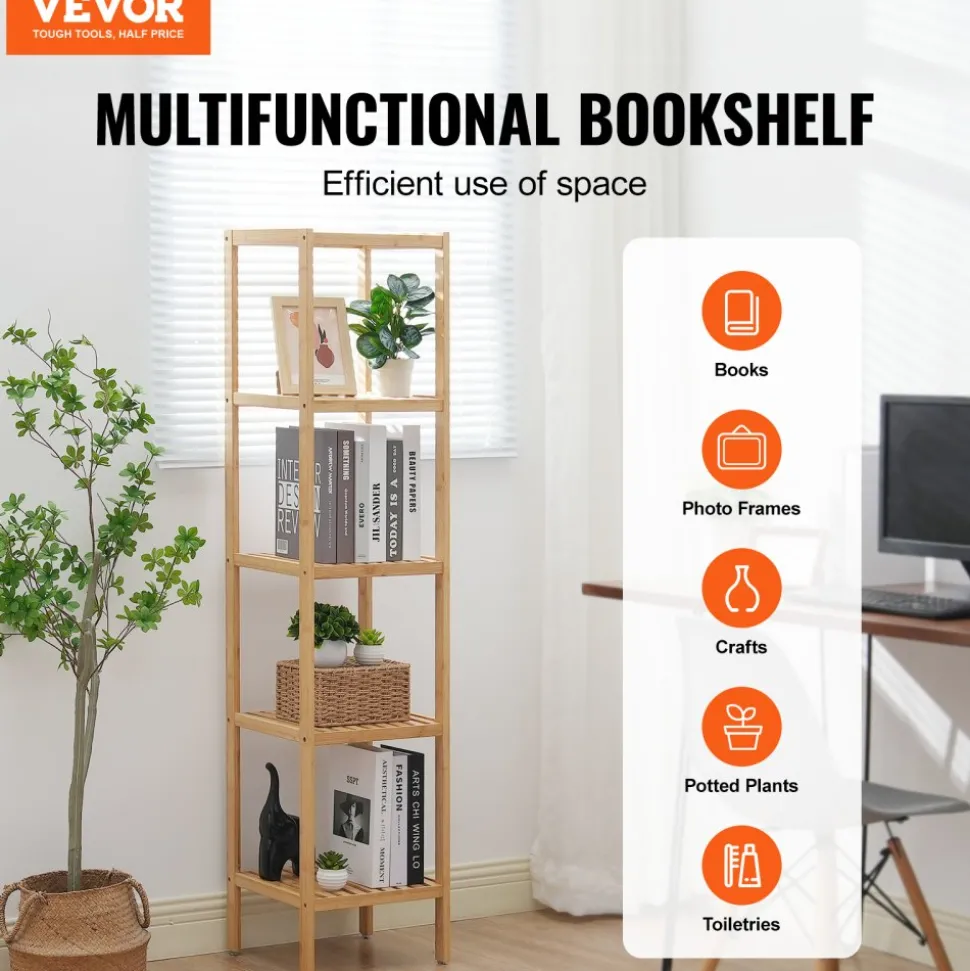 VEVOR 5-Tier Bathroom Standing Shelf, Narrow Shelving Unit, Display Storage Rack Organizer, Freestanding Flower Plant Stand, Multifunctional Bamboo Shelf Ideal for BathRoom, Kitchen, Home, Natural
