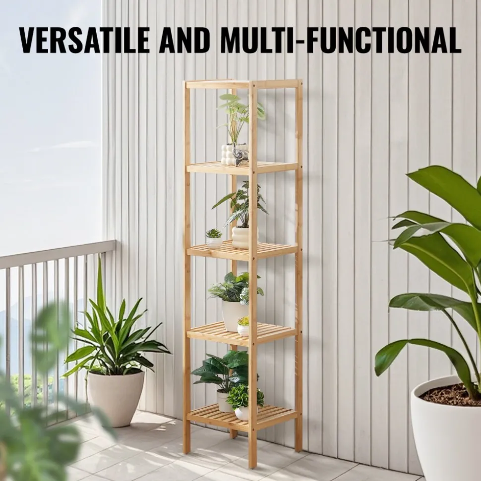 VEVOR 5-Tier Bathroom Standing Shelf, Narrow Shelving Unit, Display Storage Rack Organizer, Freestanding Flower Plant Stand, Multifunctional Bamboo Shelf Ideal for BathRoom, Kitchen, Home, Natural