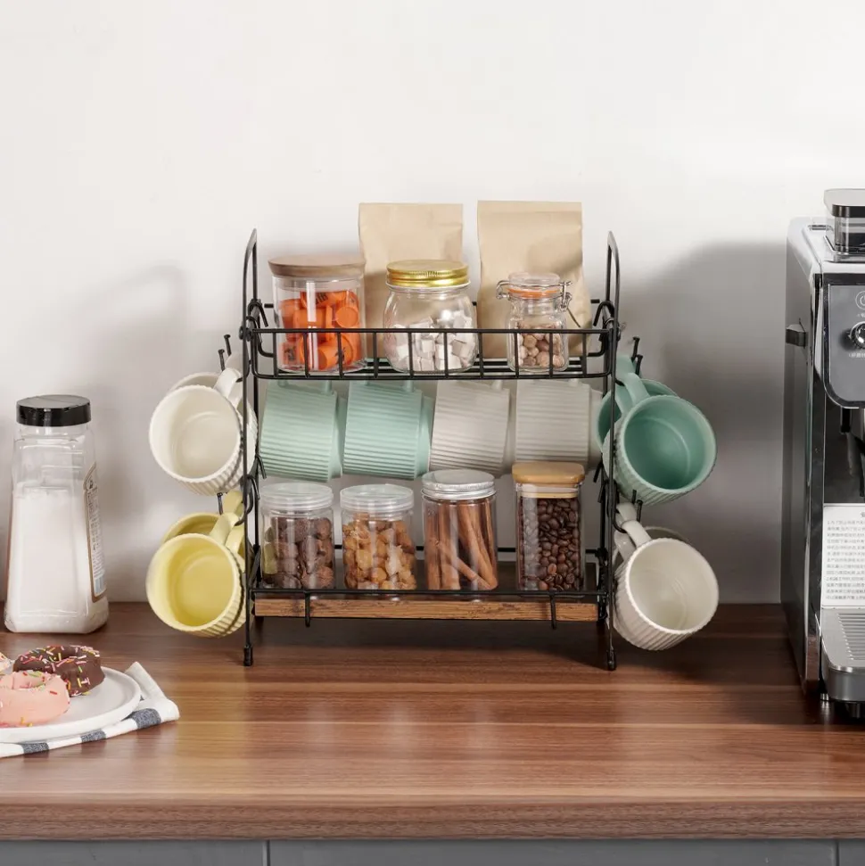 VEVOR 2 Tier Coffee Bar Organizer for Countertop, Multifunctional Mug Holder and Coffee Station, 12 Movable Hooks and 2 Shelves for Coffee Accessories Storage and Display, Home Office (Matte Black)