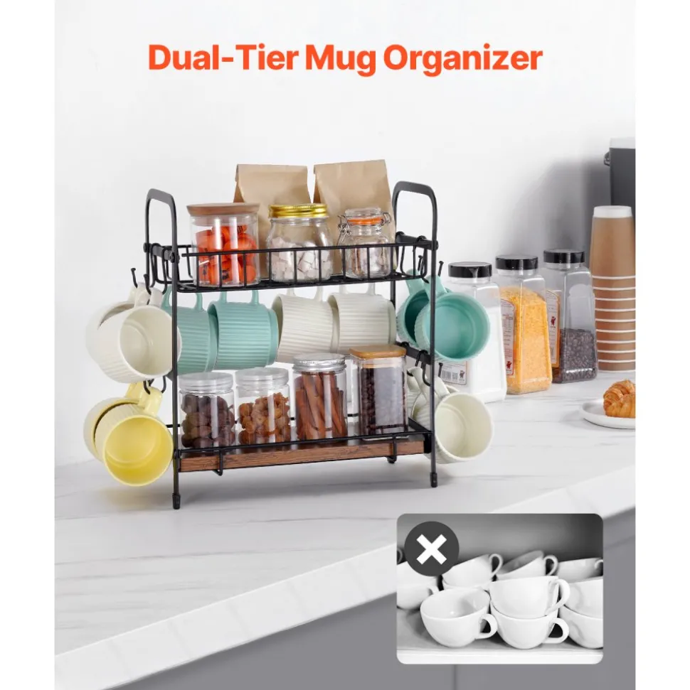 VEVOR 2 Tier Coffee Bar Organizer for Countertop, Multifunctional Mug Holder and Coffee Station, 12 Movable Hooks and 2 Shelves for Coffee Accessories Storage and Display, Home Office (Matte Black)