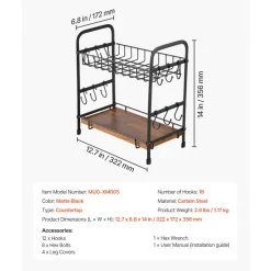 VEVOR 2 Tier Coffee Bar Organizer for Countertop, Multifunctional Mug Holder and Coffee Station, 12 Movable Hooks and 2 Shelves for Coffee Accessories Storage and Display, Home Office (Matte Black)