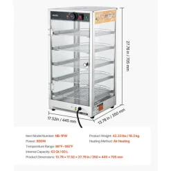 VEVOR 5-Tier Commercial Food Warmer Display, 800W Food Display Warmer with LED Light, Adjustable Shelf and Stainless Steel Frame, 86℉~185℉ Air Heating, 60L for Hamburger, Pizza, Bread, Fried Chicken