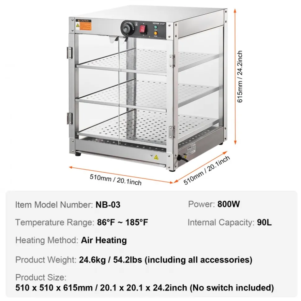 VEVOR 3-Tier Commercial Food Warmer Display, 800W Food Display Warmer with Light to Enhance Food Display, 86℉~185℉ Temperature Control, 90L Large Capacity for Hamburger, Pizza, Bread, Fried Chicken