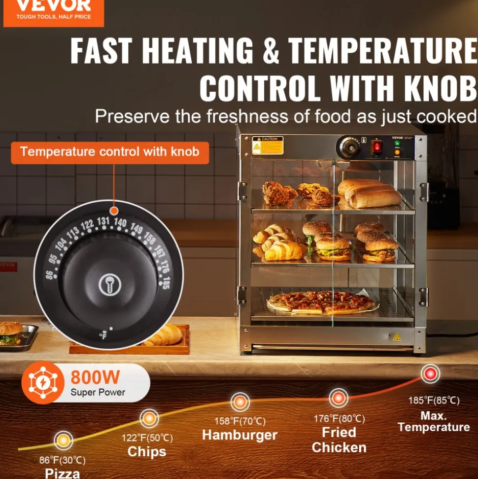VEVOR 3-Tier Commercial Food Warmer Display, 800W Food Display Warmer with Light to Enhance Food Display, 86℉~185℉ Temperature Control, 90L Large Capacity for Hamburger, Pizza, Bread, Fried Chicken