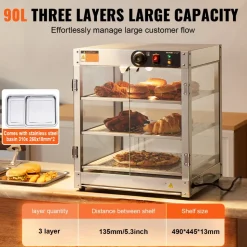 VEVOR 3-Tier Commercial Food Warmer Display, 800W Food Display Warmer with Light to Enhance Food Display, 86℉~185℉ Temperature Control, 90L Large Capacity for Hamburger, Pizza, Bread, Fried Chicken