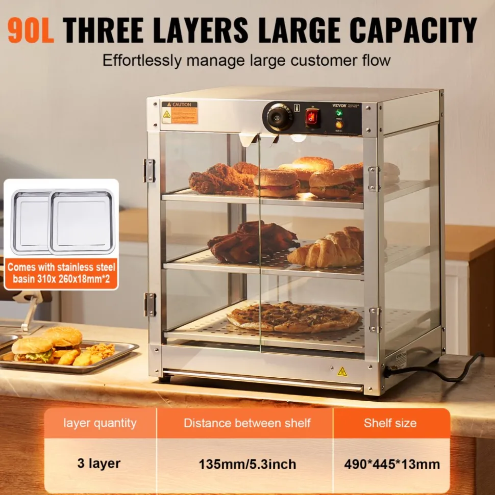 VEVOR 3-Tier Commercial Food Warmer Display, 800W Food Display Warmer with Light to Enhance Food Display, 86℉~185℉ Temperature Control, 90L Large Capacity for Hamburger, Pizza, Bread, Fried Chicken