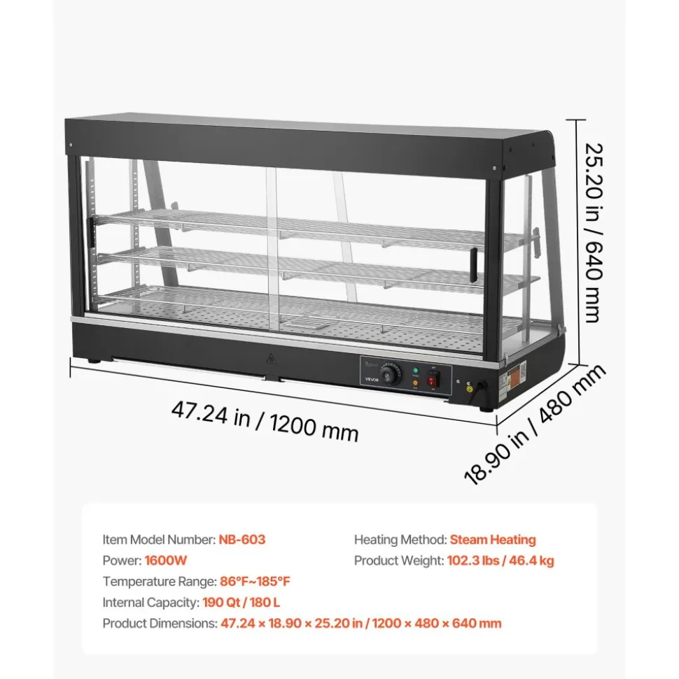 VEVOR 3-Tier Commercial Food Warmer Display, 1600W Food Display Warmer with LED Light, Top Storage and Adjustable Shelves, 86℉~185℉ Steam Heating, 190Qt/180L for Hamburger, Pizza, Bread, Fried Chicken