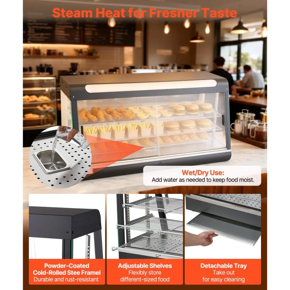 VEVOR 3-Tier Commercial Food Warmer Display, 1600W Food Display Warmer with LED Light, Top Storage and Adjustable Shelves, 86℉~185℉ Steam Heating, 190Qt/180L for Hamburger, Pizza, Bread, Fried Chicken