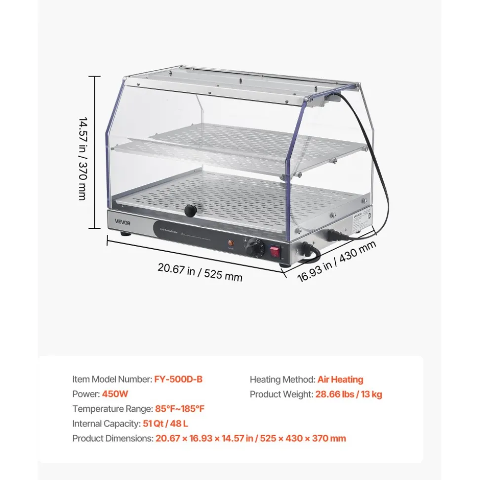 VEVOR 2-Tier Commercial Food Warmer Display, 450W Food Display Warmer with Light, Detachable Shelves and Double-Sided Door Design, 85℉~185℉ Air Heating, 48L for Hamburger, Pizza, Bread, Fried Chicken