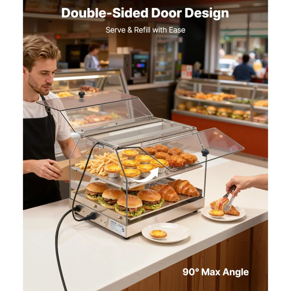 VEVOR 2-Tier Commercial Food Warmer Display, 450W Food Display Warmer with Light, Detachable Shelves and Double-Sided Door Design, 85℉~185℉ Air Heating, 48L for Hamburger, Pizza, Bread, Fried Chicken