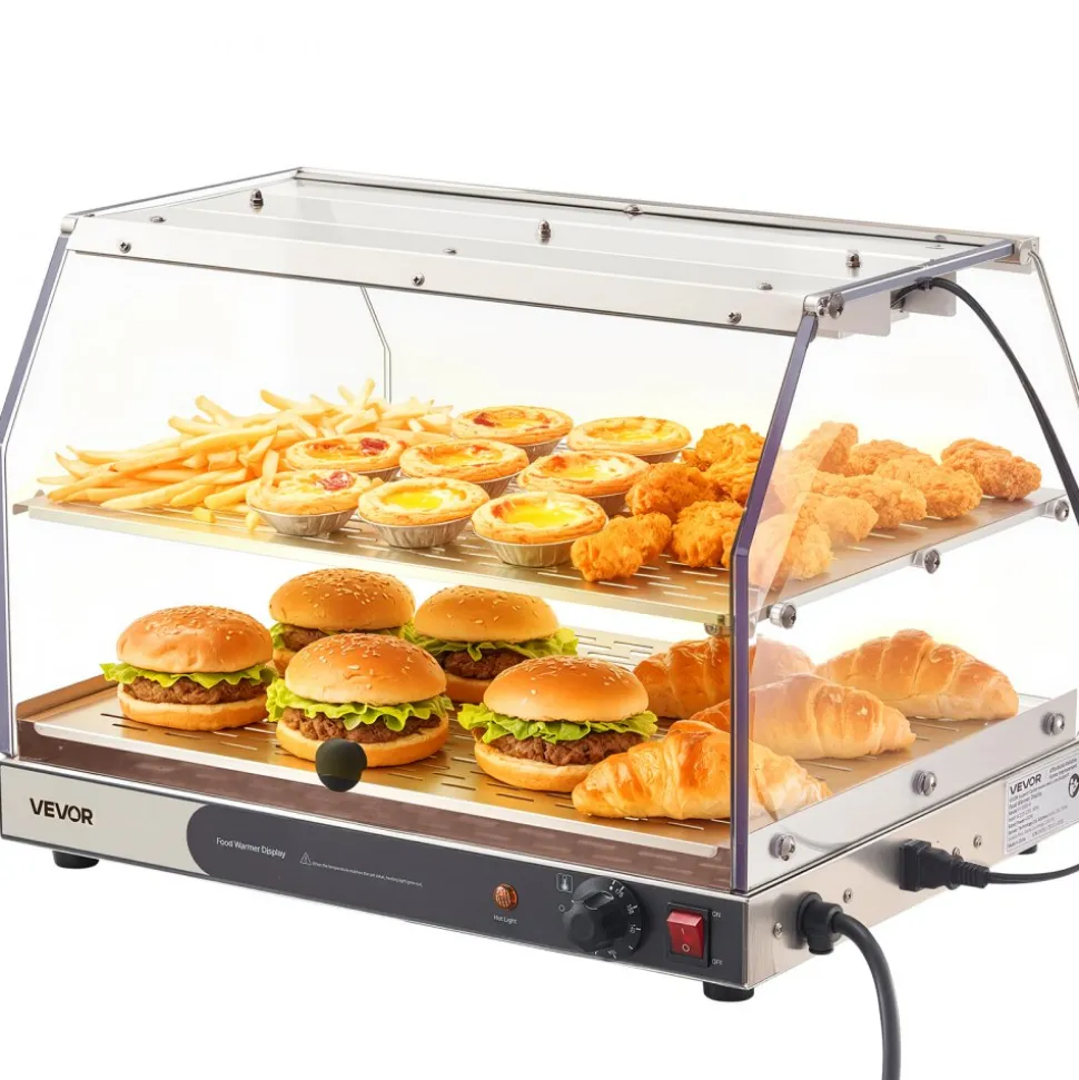 VEVOR 2-Tier Commercial Food Warmer Display, 450W Food Display Warmer with Light, Detachable Shelves and Double-Sided Door Design, 85℉~185℉ Air Heating, 48L for Hamburger, Pizza, Bread, Fried Chicken