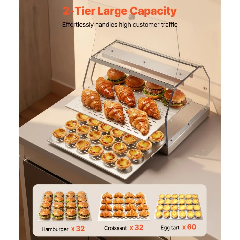 VEVOR 2-Tier Commercial Food Warmer Display, 450W Food Display Warmer with Light, Detachable Shelves and Double-Sided Door Design, 85℉~185℉ Air Heating, 48L for Hamburger, Pizza, Bread, Fried Chicken