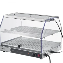 VEVOR 2-Tier Commercial Food Warmer Display, 450W Food Display Warmer with Light, Detachable Shelves and Double-Sided Door Design, 85℉~185℉ Air Heating, 48L for Hamburger, Pizza, Bread, Fried Chicken