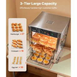 VEVOR 3-Tier Commercial Food Warmer Display, 800W Food Display Warmer with LED Light, Adjustable Shelf and Stainless Steel Frame, 86℉~185℉ Air Heating, 34L for Hamburger, Pizza, Bread, Fried Chicken