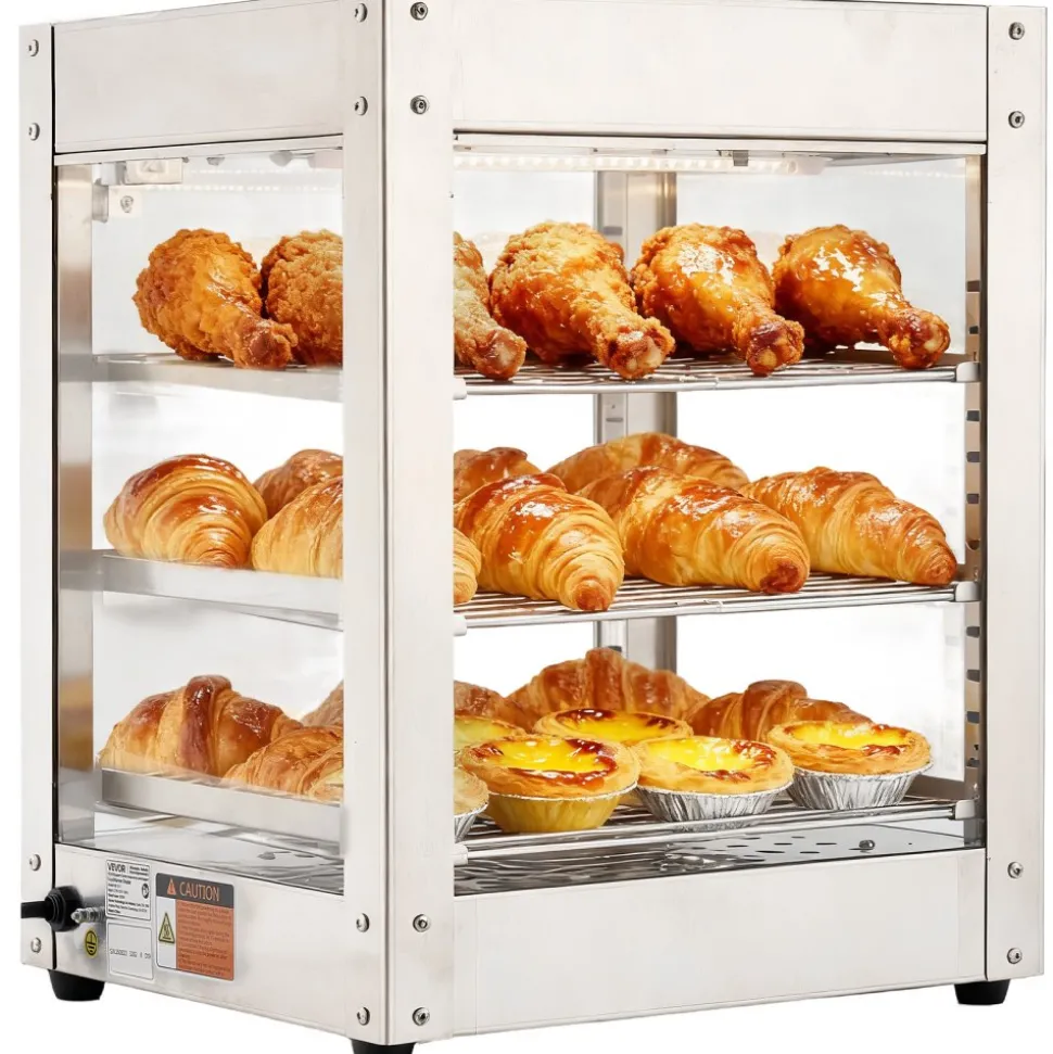 VEVOR 3-Tier Commercial Food Warmer Display, 800W Food Display Warmer with LED Light, Adjustable Shelf and Stainless Steel Frame, 86℉~185℉ Air Heating, 34L for Hamburger, Pizza, Bread, Fried Chicken