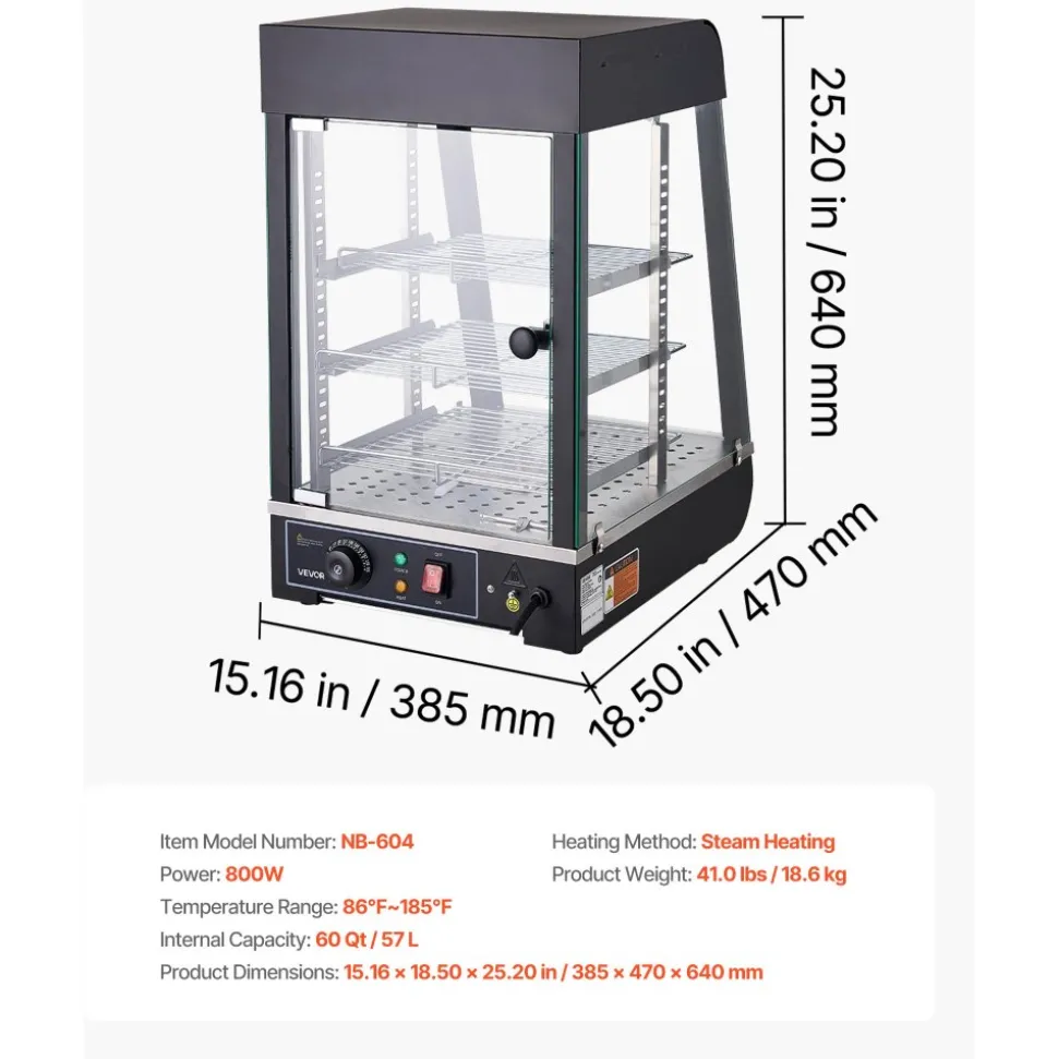 VEVOR 3-Tier Commercial Food Warmer Display, 800W Food Display Warmer with LED Light, Adjustable Shelf and Stainless Steel Frame, 86℉~185℉ Air Heating, 60L for Hamburger, Pizza, Bread, Fried Chicken