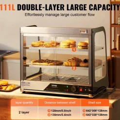 VEVOR 2-Tier Commercial Food Warmer Display, 850W Food Display Warmer w/ Tempered Glass and Steam Heating, 86℉~185℉ Temperature Control, 111L Large Capacity for Hamburger, Pizza, Bread, Fried Chicken