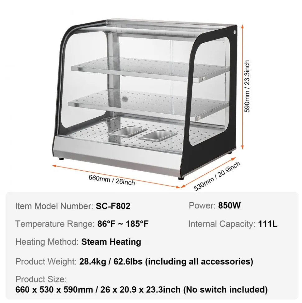 VEVOR 2-Tier Commercial Food Warmer Display, 850W Food Display Warmer w/ Tempered Glass and Steam Heating, 86℉~185℉ Temperature Control, 111L Large Capacity for Hamburger, Pizza, Bread, Fried Chicken