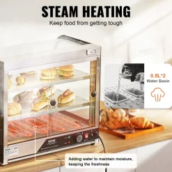 VEVOR 2-Tier Commercial Food Warmer Display, 850W Food Display Warmer w/ Tempered Glass and Steam Heating, 86℉~185℉ Temperature Control, 111L Large Capacity for Hamburger, Pizza, Bread, Fried Chicken