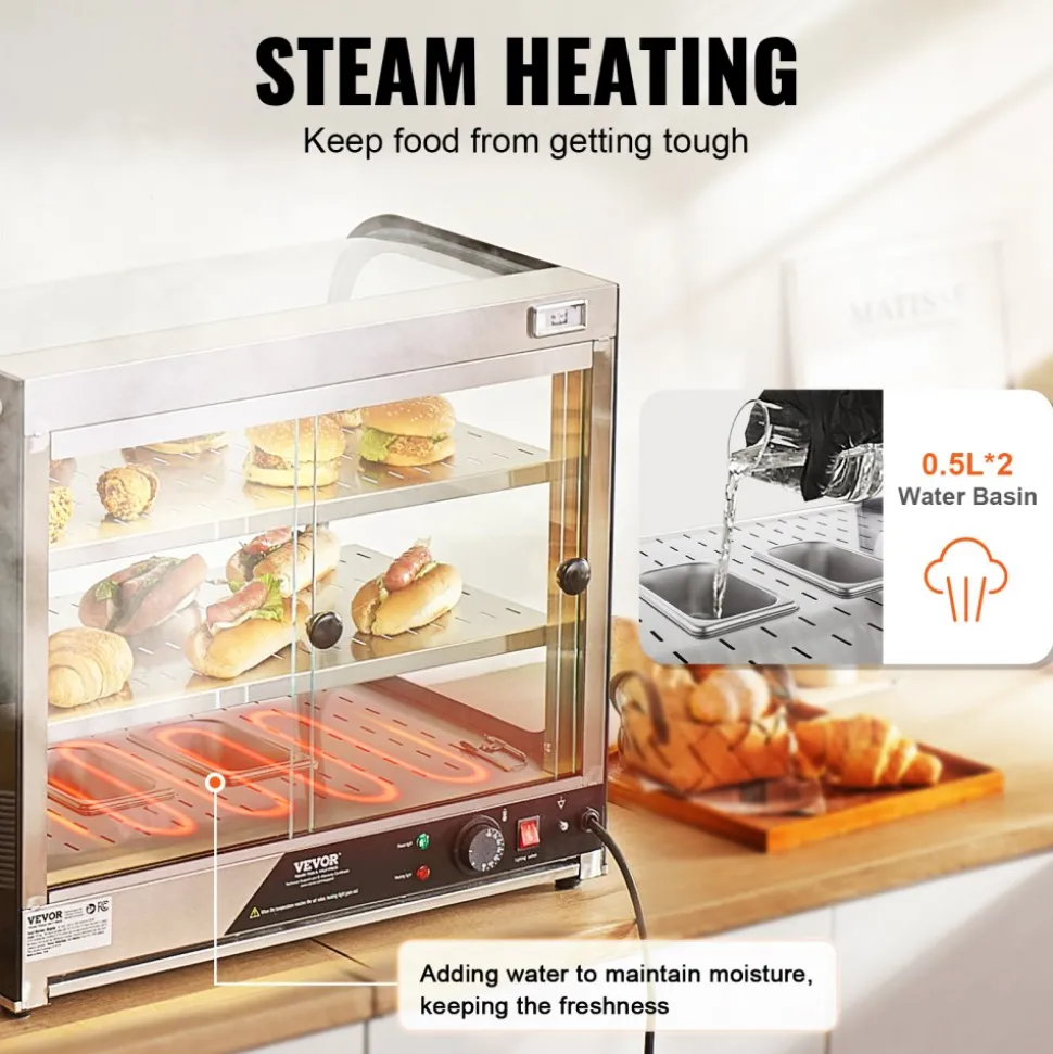 VEVOR 2-Tier Commercial Food Warmer Display, 850W Food Display Warmer w/ Tempered Glass and Steam Heating, 86℉~185℉ Temperature Control, 111L Large Capacity for Hamburger, Pizza, Bread, Fried Chicken