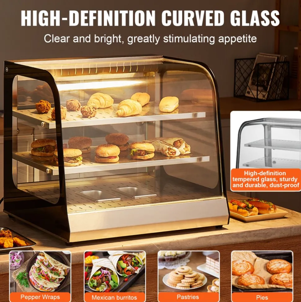 VEVOR 2-Tier Commercial Food Warmer Display, 850W Food Display Warmer w/ Tempered Glass and Steam Heating, 86℉~185℉ Temperature Control, 111L Large Capacity for Hamburger, Pizza, Bread, Fried Chicken