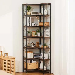 VEVOR 7 Tier Corner Bookshelf, 79" Tall Corner Bookcase with Heavy Duty Metal Frame & Wooden Shelves, Industrial Reversible L Shaped Corner Display Shelf for Bedroom, Living Room, Office