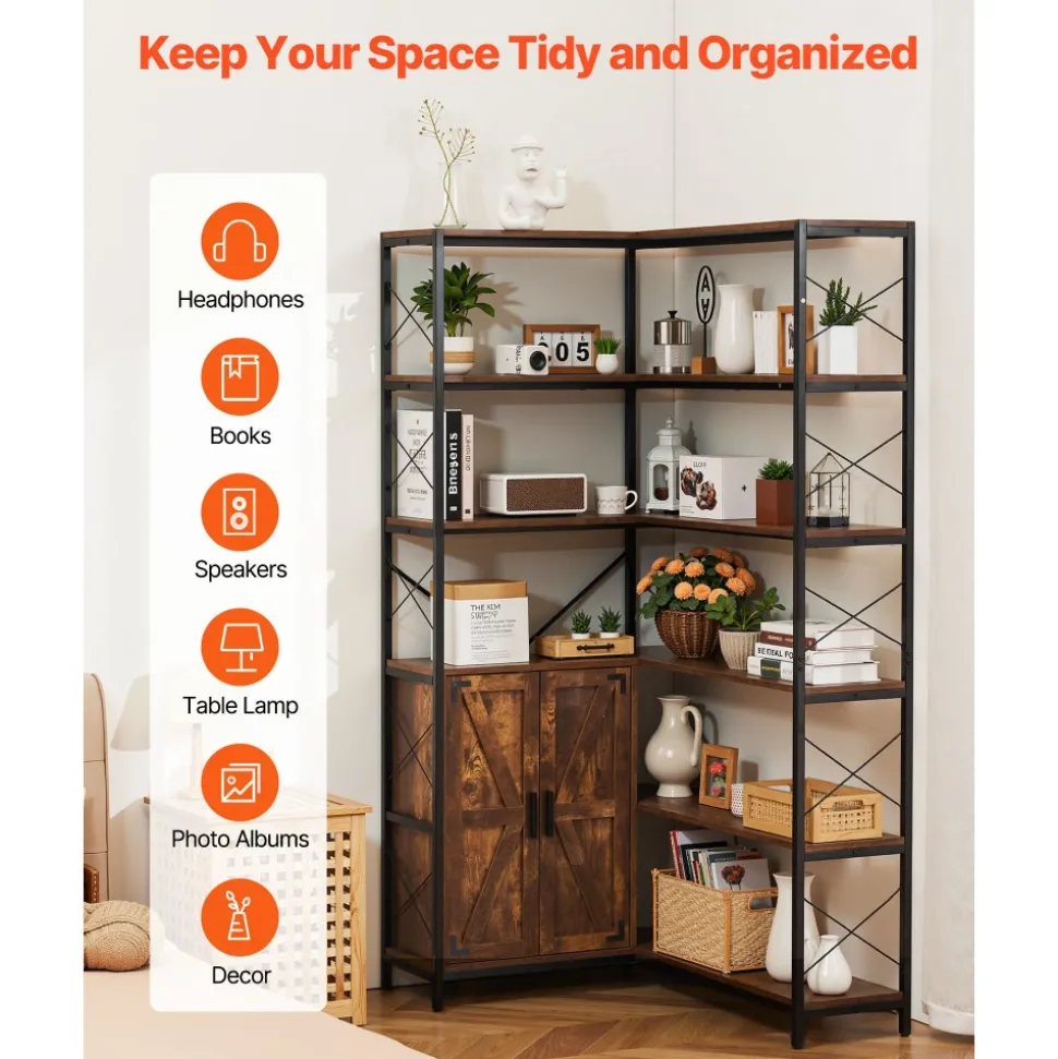 VEVOR 6 Tier Corner Bookshelf, 70" Tall Corner Bookcase with Storage Cabinet, 2 Barn Doors & 10 Storage Shelves, Farmhouse L Shaped Corner Display Shelf for Bedroom, Living Room, Office