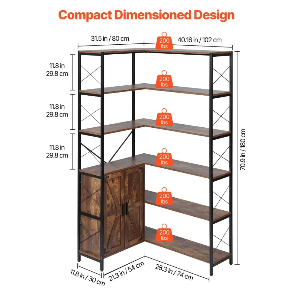 VEVOR 6 Tier Corner Bookshelf, 70" Tall Corner Bookcase with Storage Cabinet, 2 Barn Doors & 10 Storage Shelves, Farmhouse L Shaped Corner Display Shelf for Bedroom, Living Room, Office