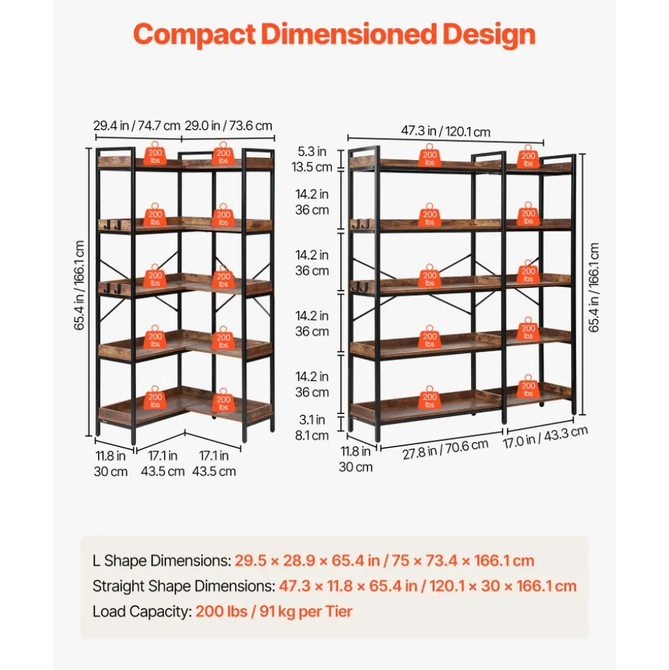 VEVOR 5 Tier Corner Bookshelf with 4 Hooks, 65.4" Tall Corner Bookcase with Heavy Duty Metal Frame & Wooden Shelves, Industrial L Shaped Corner Display Shelf for Bedroom, Living Room, Office