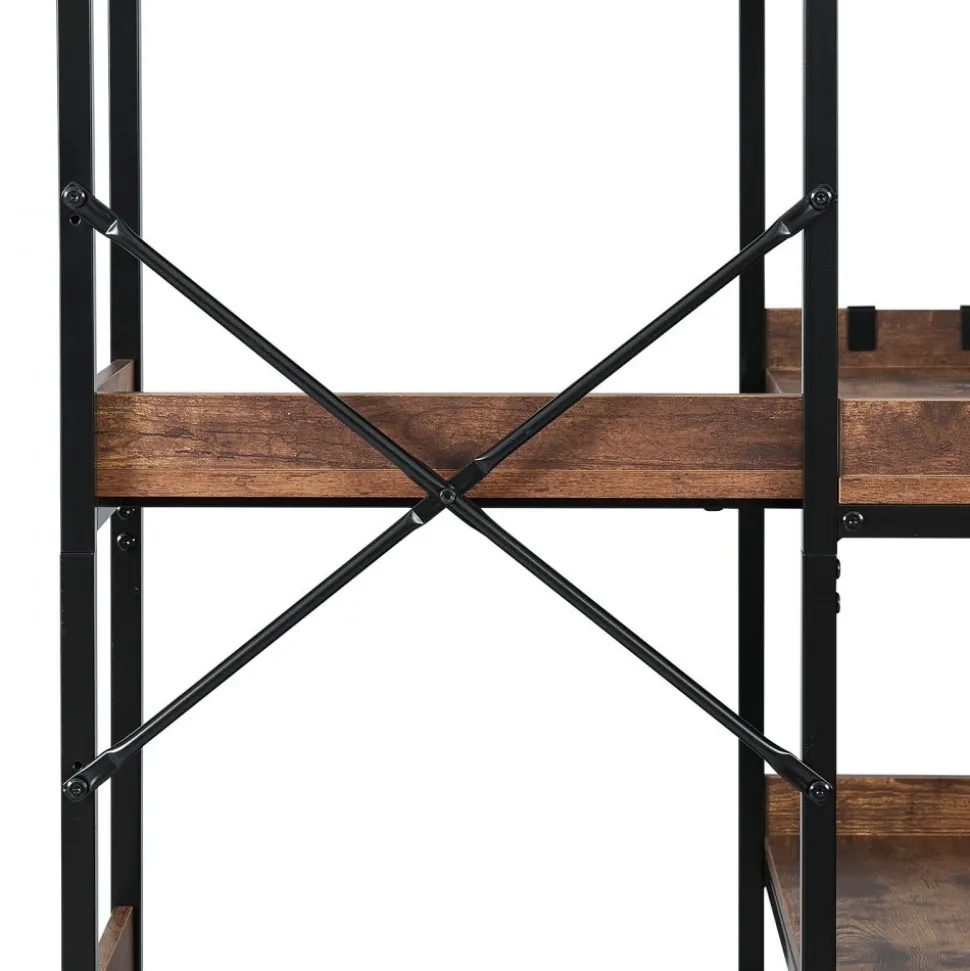 VEVOR 5 Tier Corner Bookshelf with 4 Hooks, 65.4" Tall Corner Bookcase with Heavy Duty Metal Frame & Wooden Shelves, Industrial L Shaped Corner Display Shelf for Bedroom, Living Room, Office