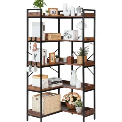 VEVOR 5 Tier Corner Bookshelf with 4 Hooks, 65.4