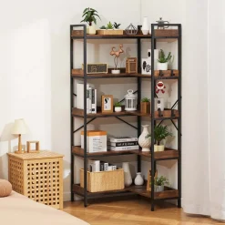 VEVOR 5 Tier Corner Bookshelf with 4 Hooks, 65.4