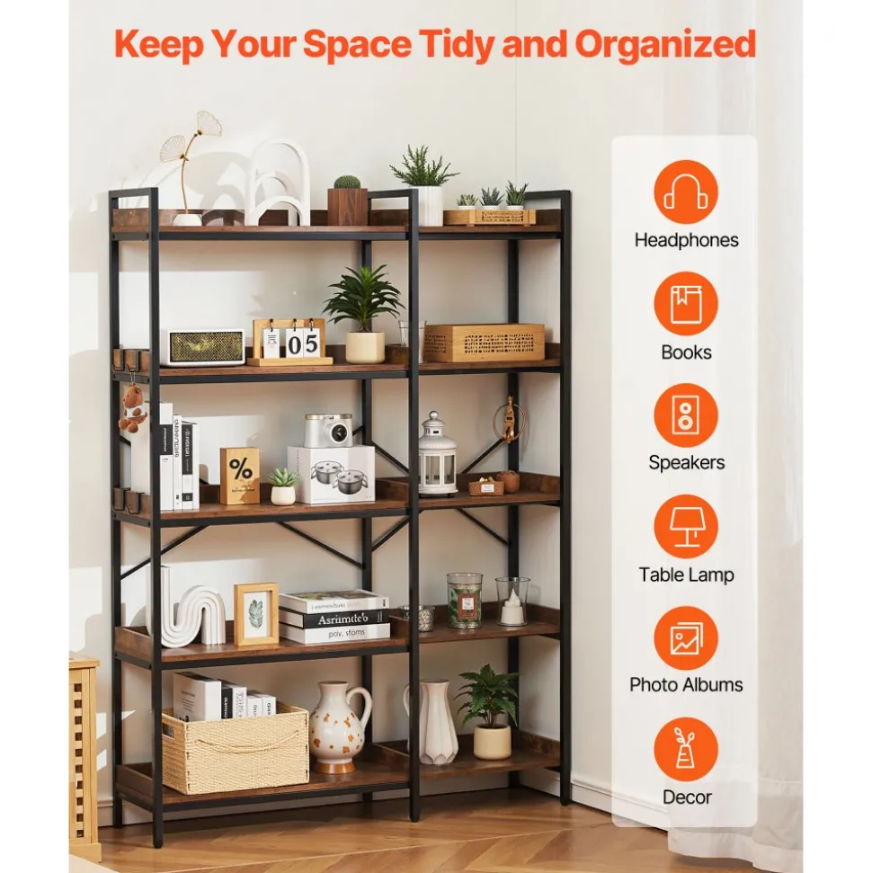 VEVOR 5 Tier Corner Bookshelf with 4 Hooks, 65.4" Tall Corner Bookcase with Heavy Duty Metal Frame & Wooden Shelves, Industrial L Shaped Corner Display Shelf for Bedroom, Living Room, Office
